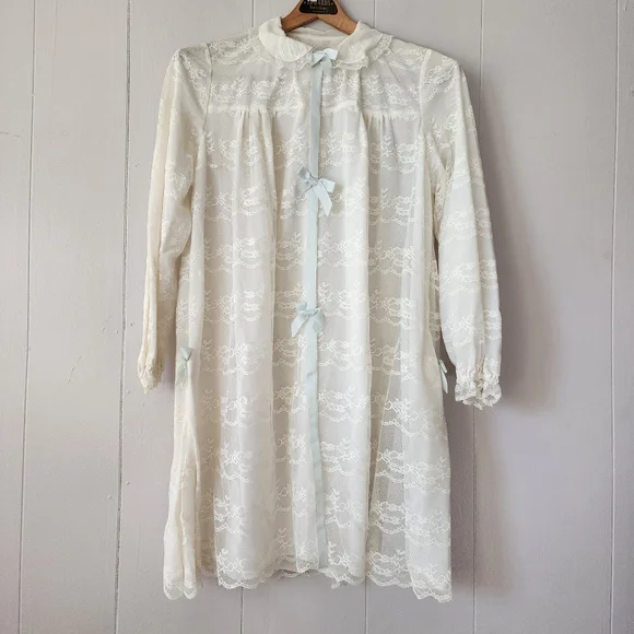 Vintage Odette Barsa Ivory Lace Peignoir Robe 1950s Sheer Blue Ribbon - Picture 1 of 15
